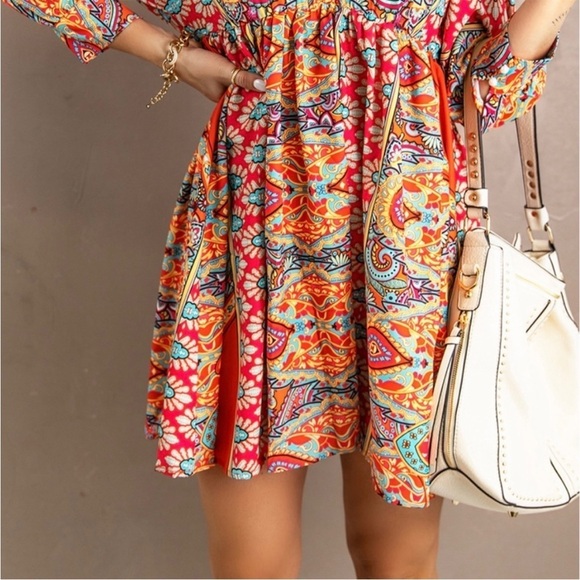 New Multicolour V Neck 3/4 Sleeve Bohemian Vintage Print Mini Dress - Picture 6 of 10